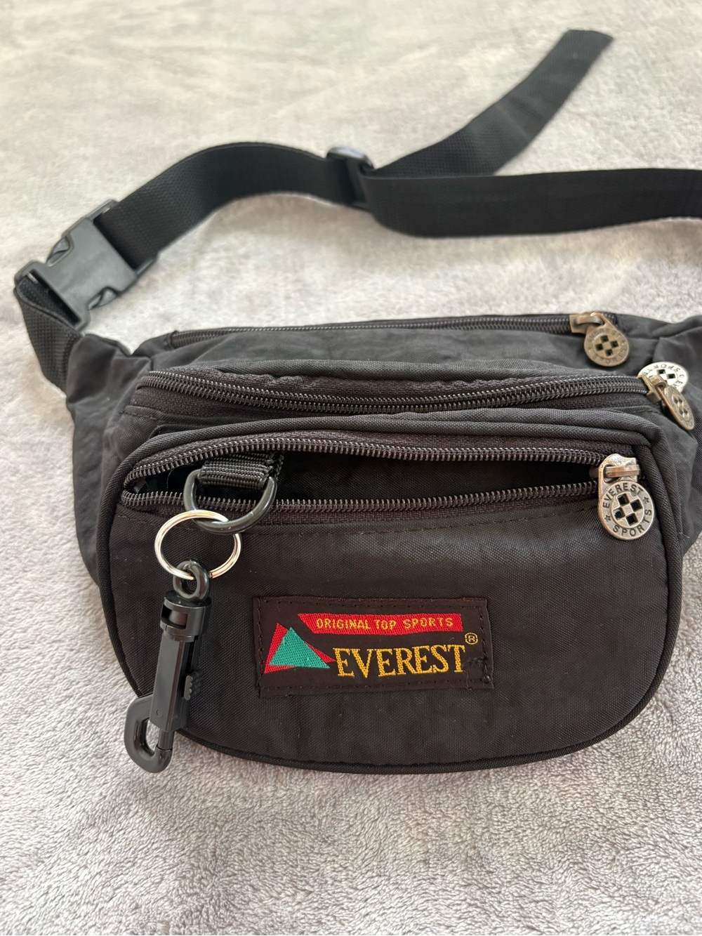 Vintage 90s Everest Original Top Sports Fanny Pack Black Nylon 3-Pocket Key Clip